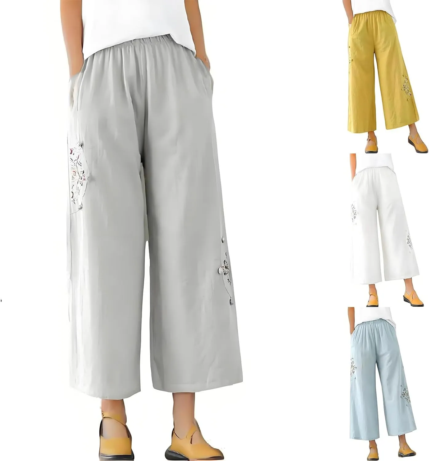 Linen Pants Women Dressy Embroiderd Wide Leg Cropped Trousers Summer High Waist Casual Palazzo Lounge Beach Wear