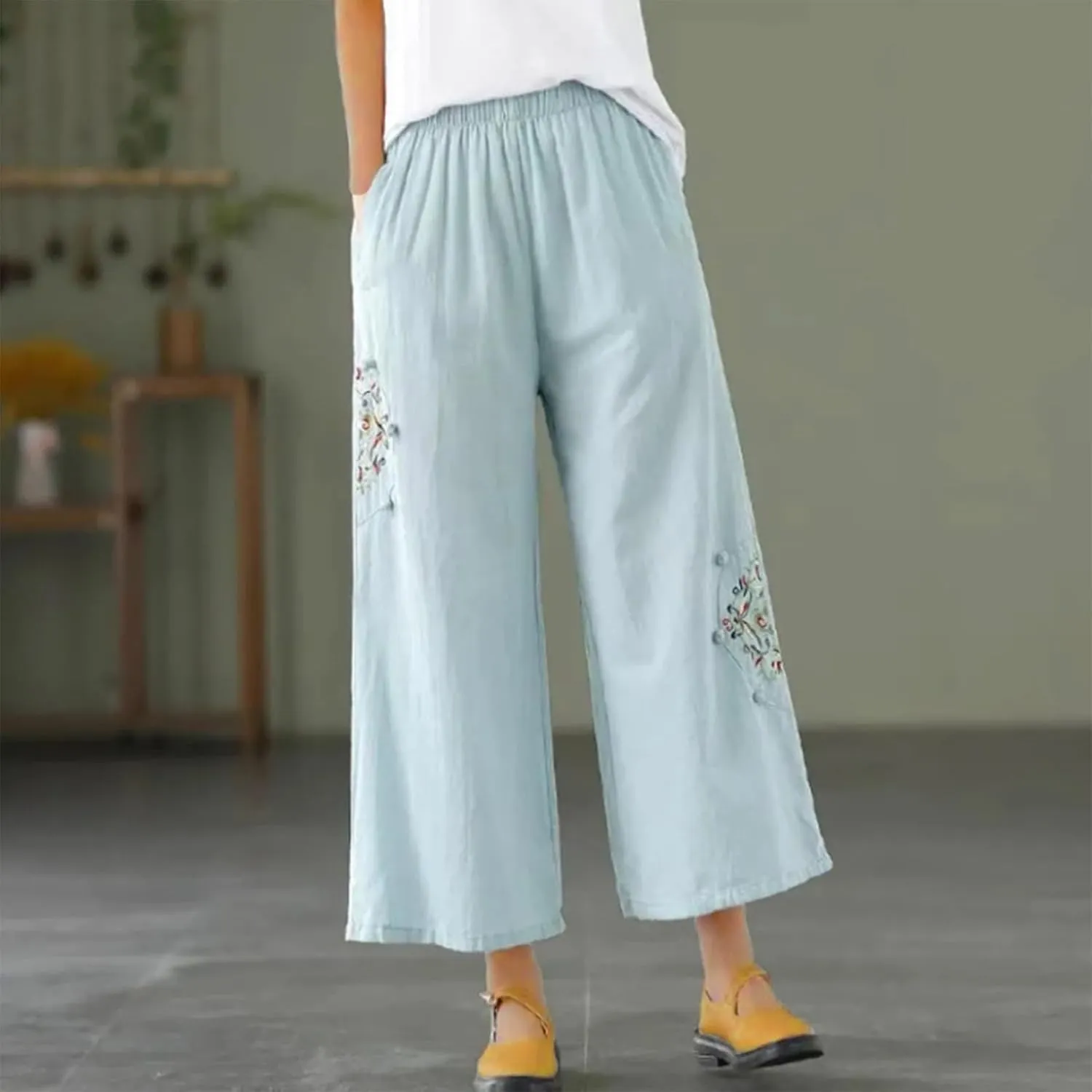 Linen Pants Women Dressy Embroiderd Wide Leg Cropped Trousers Summer High Waist Casual Palazzo Lounge Beach Wear