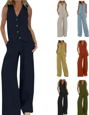 Linen Sets for Women 2 Piece Outfits Linen Pant Sets Casual Button Waistcoat V Neck Crop Vest Blazer