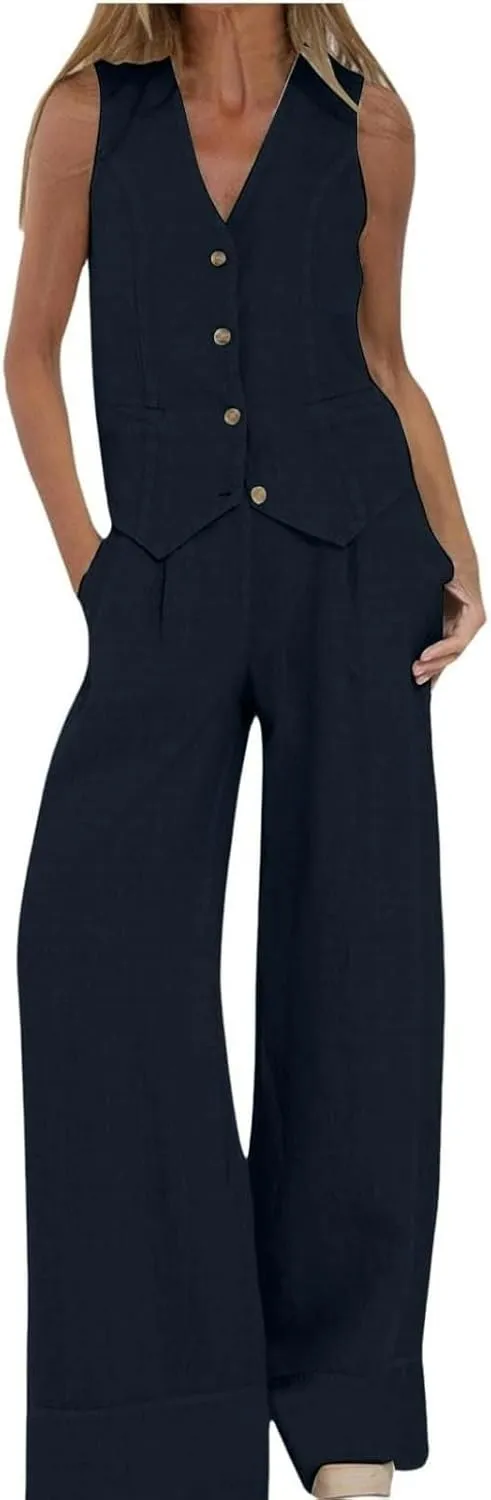 Linen Sets for Women 2 Piece Outfits Linen Pant Sets Casual Button Waistcoat V Neck Crop Vest Blazer