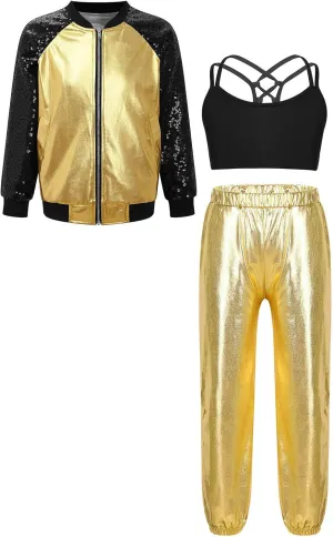 Linjinx Kids Girls 3Pcs Dance Tracksuit Crop Top High Waist Pants Sequins Long Sleeve Metallic Jacket Performance Set