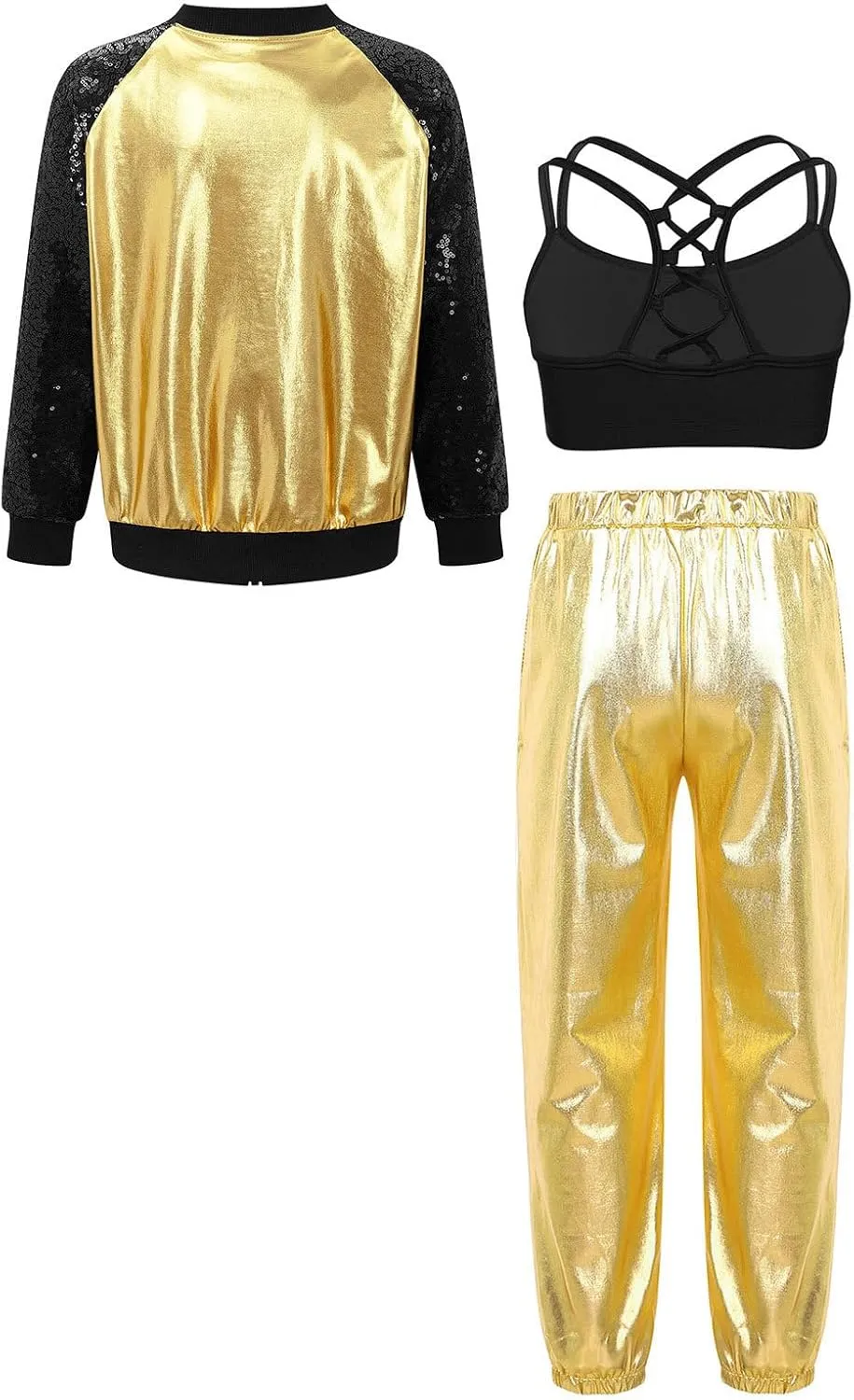 Linjinx Kids Girls 3Pcs Dance Tracksuit Crop Top High Waist Pants Sequins Long Sleeve Metallic Jacket Performance Set