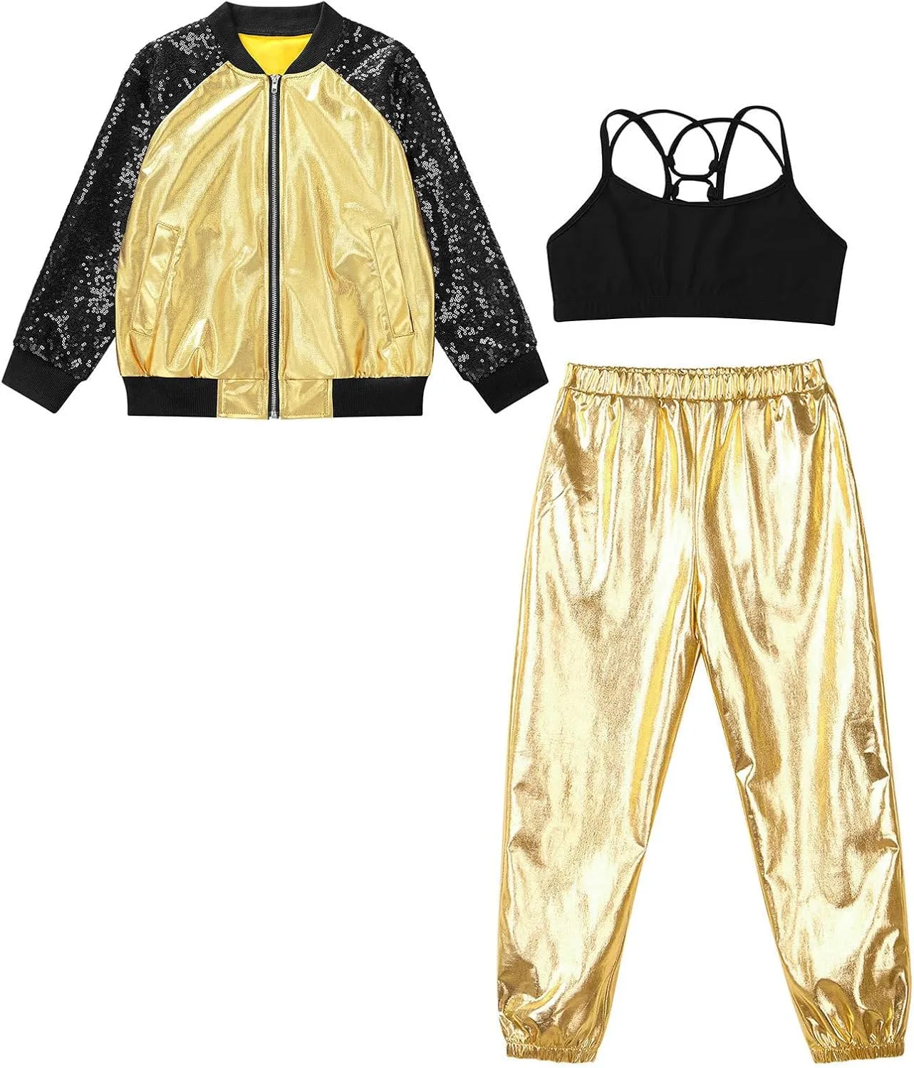 Linjinx Kids Girls 3Pcs Dance Tracksuit Crop Top High Waist Pants Sequins Long Sleeve Metallic Jacket Performance Set