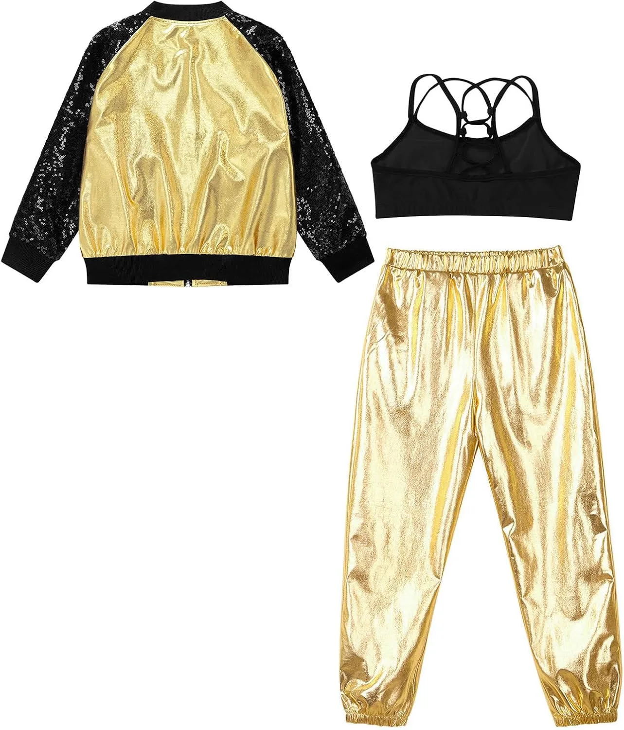 Linjinx Kids Girls 3Pcs Dance Tracksuit Crop Top High Waist Pants Sequins Long Sleeve Metallic Jacket Performance Set