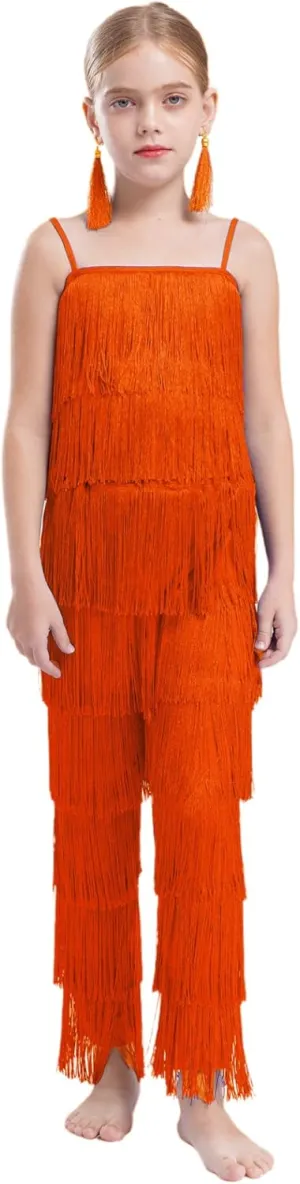 Linjinx Kids Girls Tassel Camisole Crop Tops and Pants Ear Clips Set Latin Samba Tango Salsa Belly Ballroom Dancewear
