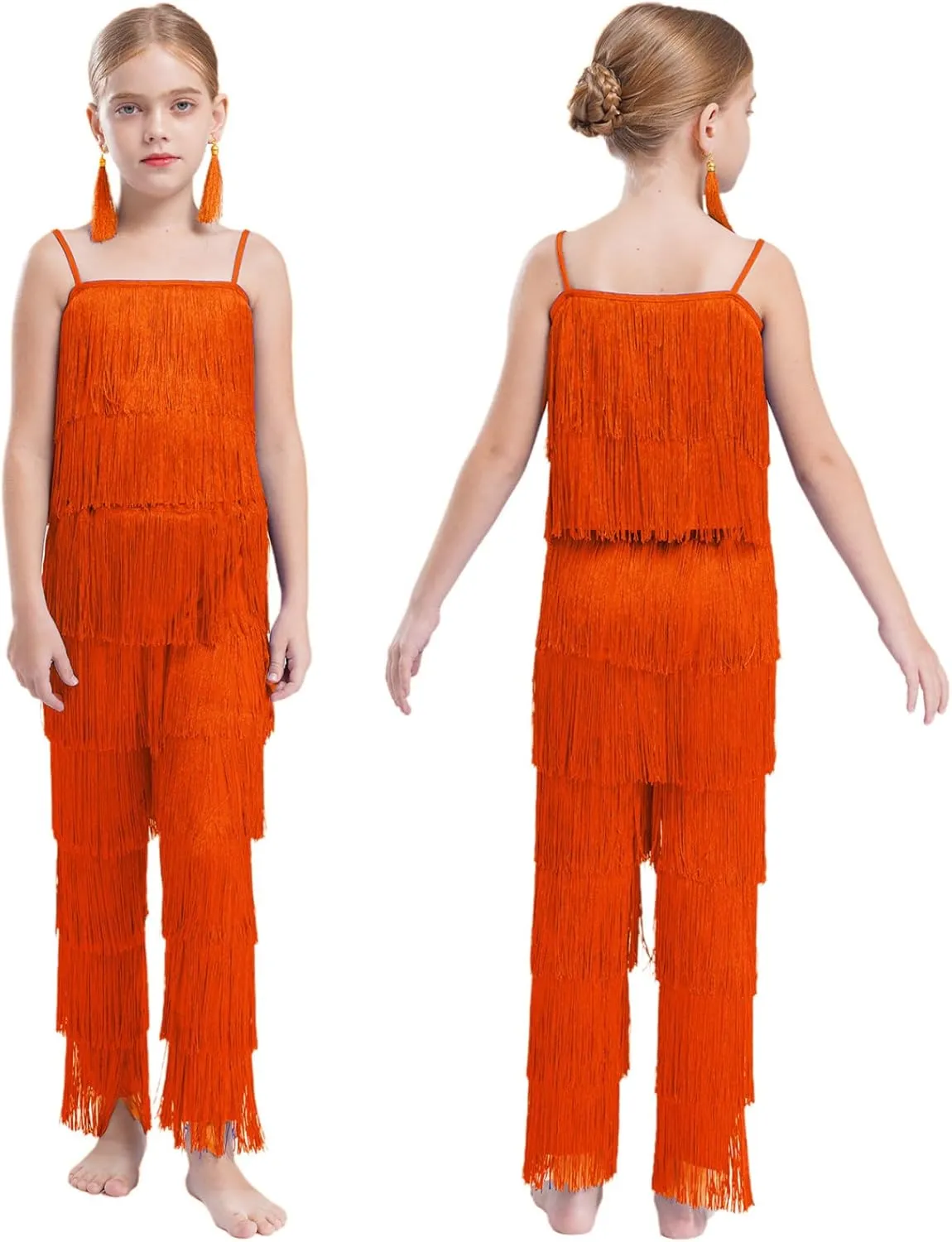 Linjinx Kids Girls Tassel Camisole Crop Tops and Pants Ear Clips Set Latin Samba Tango Salsa Belly Ballroom Dancewear