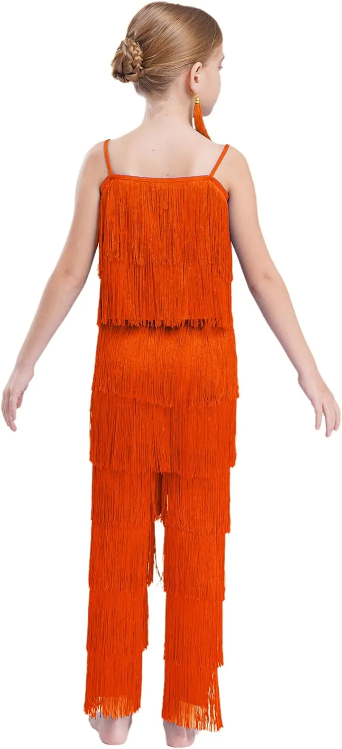 Linjinx Kids Girls Tassel Camisole Crop Tops and Pants Ear Clips Set Latin Samba Tango Salsa Belly Ballroom Dancewear