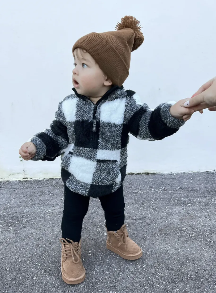 Little Bipsy - Plaid Sherpa Quarter-Zip in Black