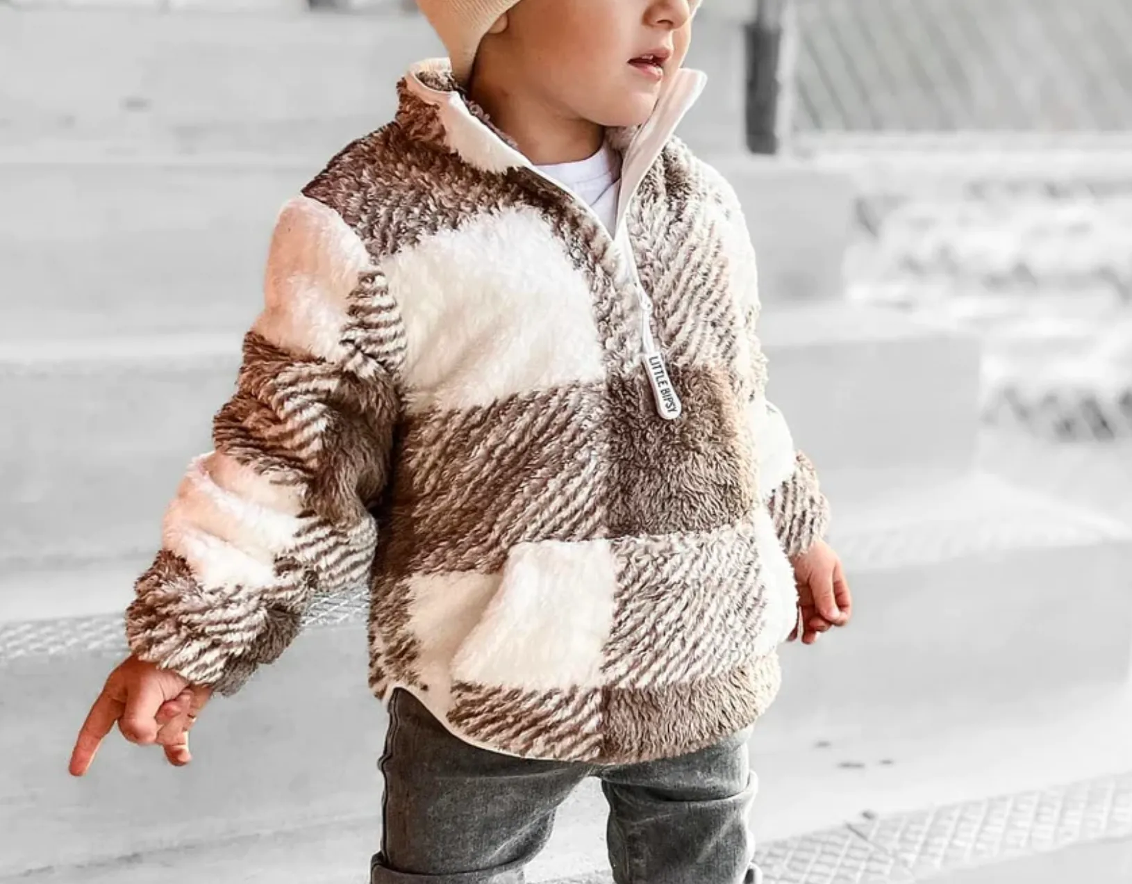 Little Bipsy - Plaid Sherpa Quarter-Zip in Latte