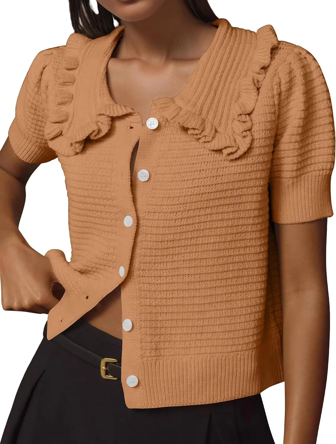 Livtany Women's Button Down Ruffle Collared Ribbed Trim Sweater Tops Crochet Knit Lantern Short Sleeve Open Front Cardigan