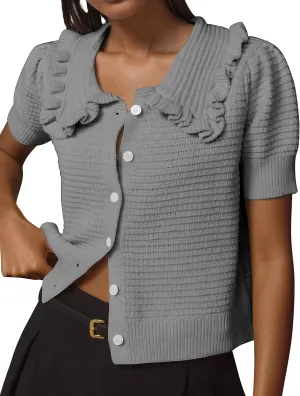 Livtany Women's Button Down Ruffle Collared Ribbed Trim Sweater Tops Crochet Knit Lantern Short Sleeve Open Front Cardigan