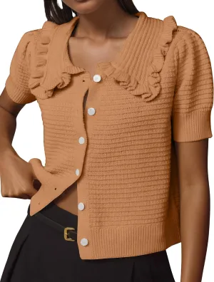Livtany Women's Button Down Ruffle Collared Ribbed Trim Sweater Tops Crochet Knit Lantern Short Sleeve Open Front Cardigan