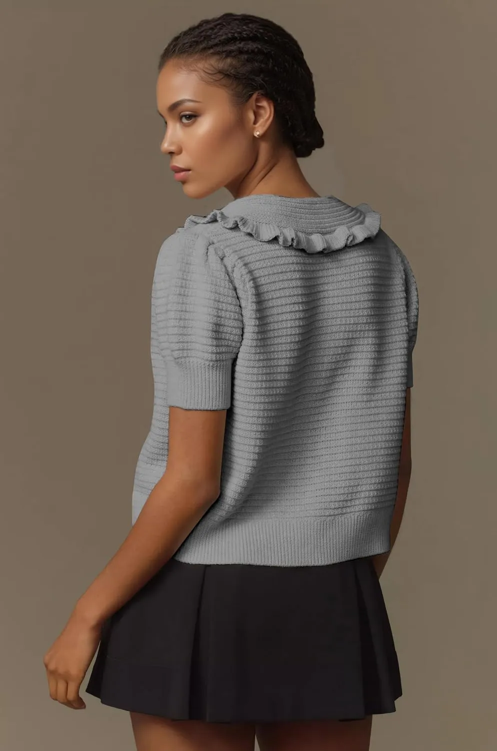 Livtany Women's Button Down Ruffle Collared Ribbed Trim Sweater Tops Crochet Knit Lantern Short Sleeve Open Front Cardigan