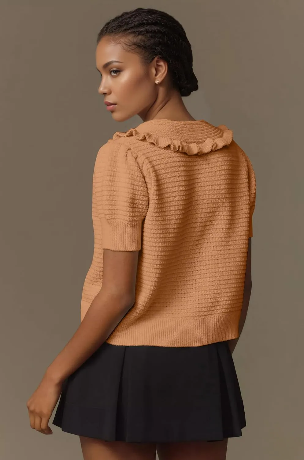Livtany Women's Button Down Ruffle Collared Ribbed Trim Sweater Tops Crochet Knit Lantern Short Sleeve Open Front Cardigan