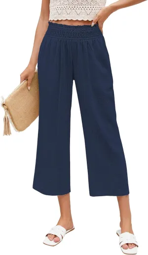 LookbookStore Linen Pants Women Capri Wide Leg High Wasited Pull On Elasitc Waist Summer Beach Palazzo Capris Pants