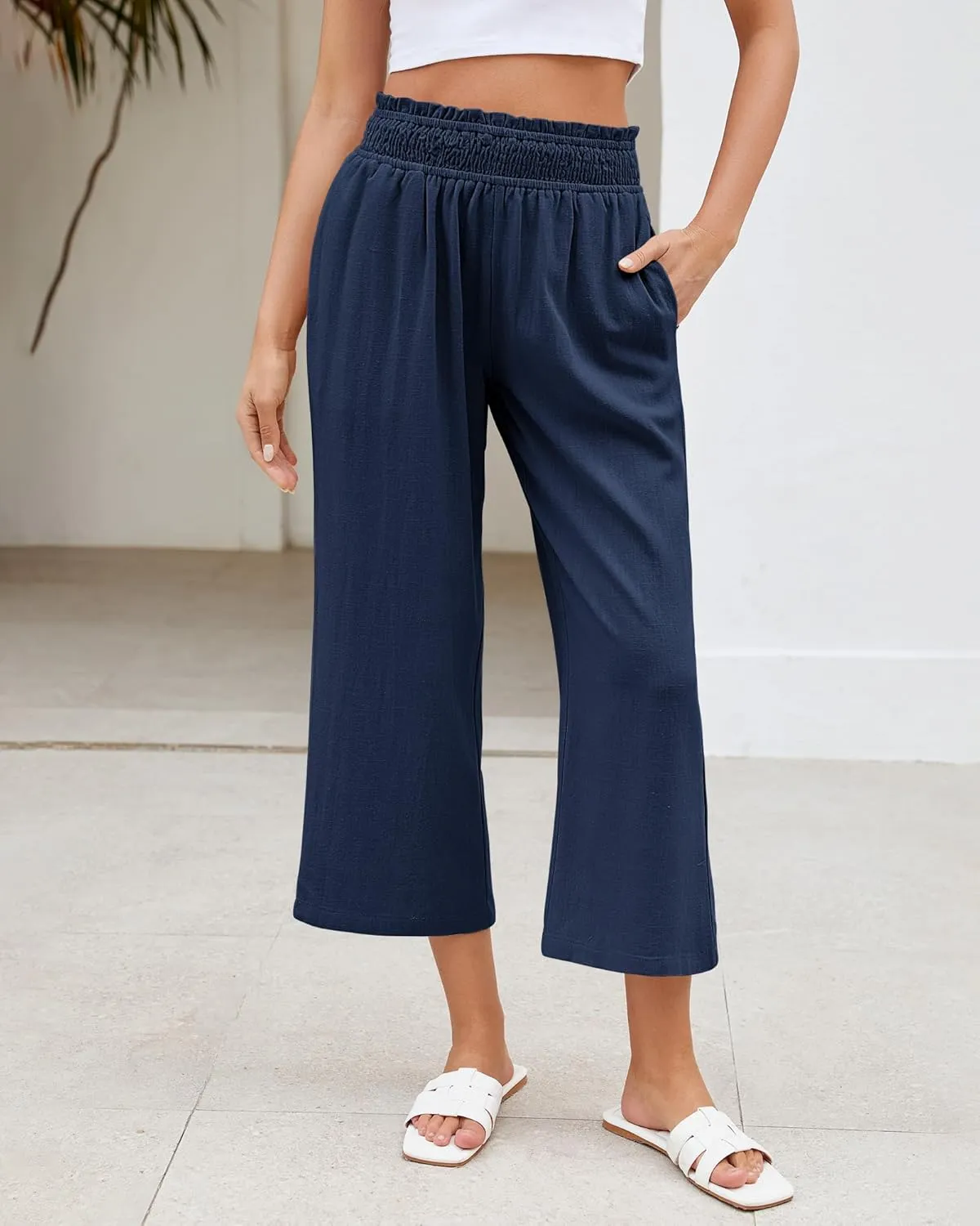 LookbookStore Linen Pants Women Capri Wide Leg High Wasited Pull On Elasitc Waist Summer Beach Palazzo Capris Pants