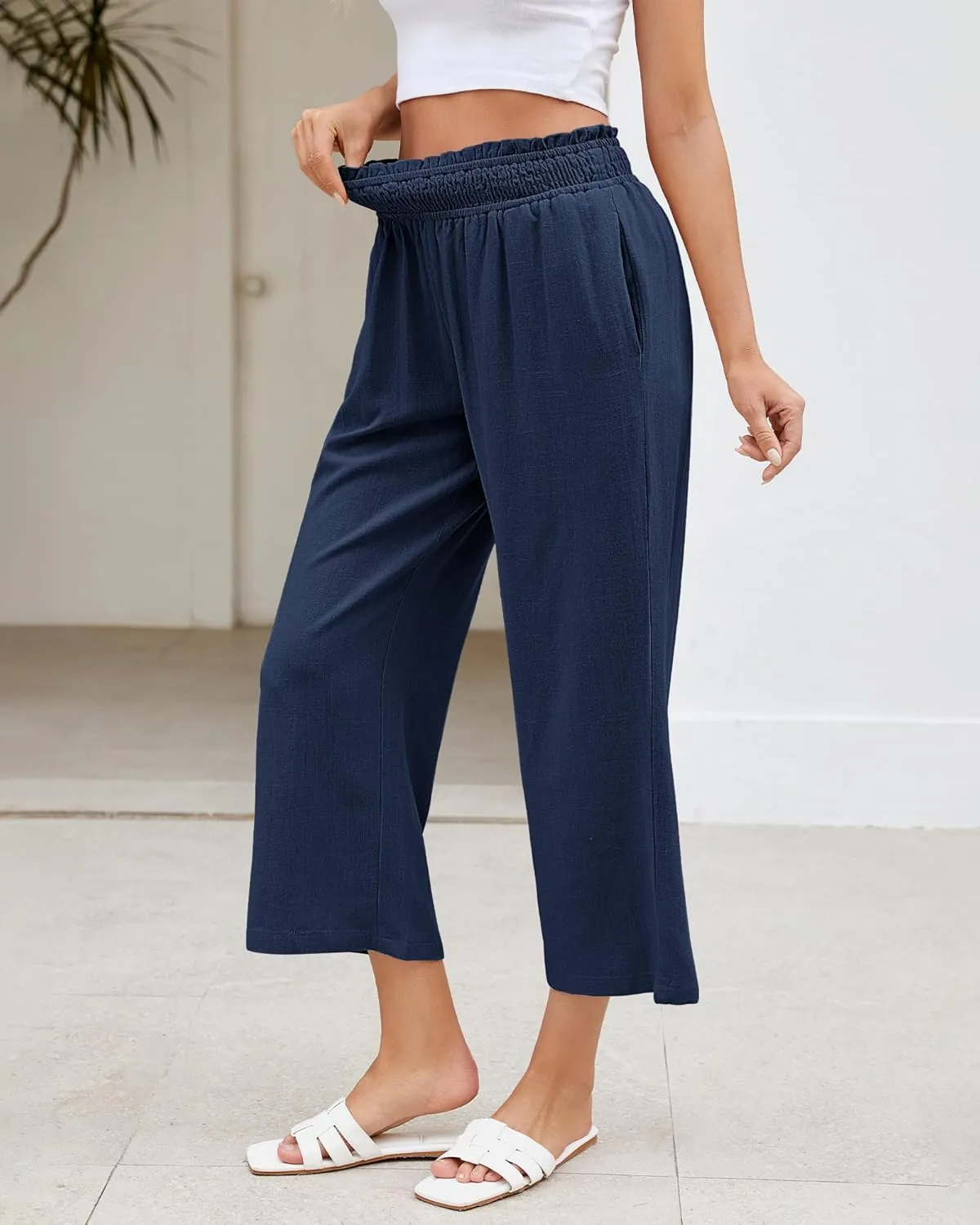 LookbookStore Linen Pants Women Capri Wide Leg High Wasited Pull On Elasitc Waist Summer Beach Palazzo Capris Pants