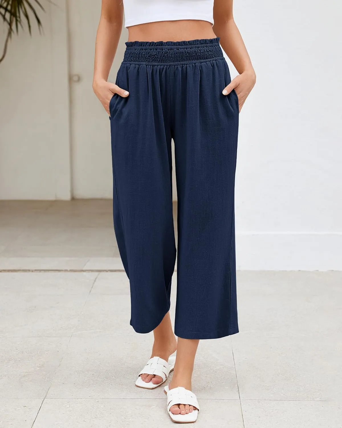 LookbookStore Linen Pants Women Capri Wide Leg High Wasited Pull On Elasitc Waist Summer Beach Palazzo Capris Pants
