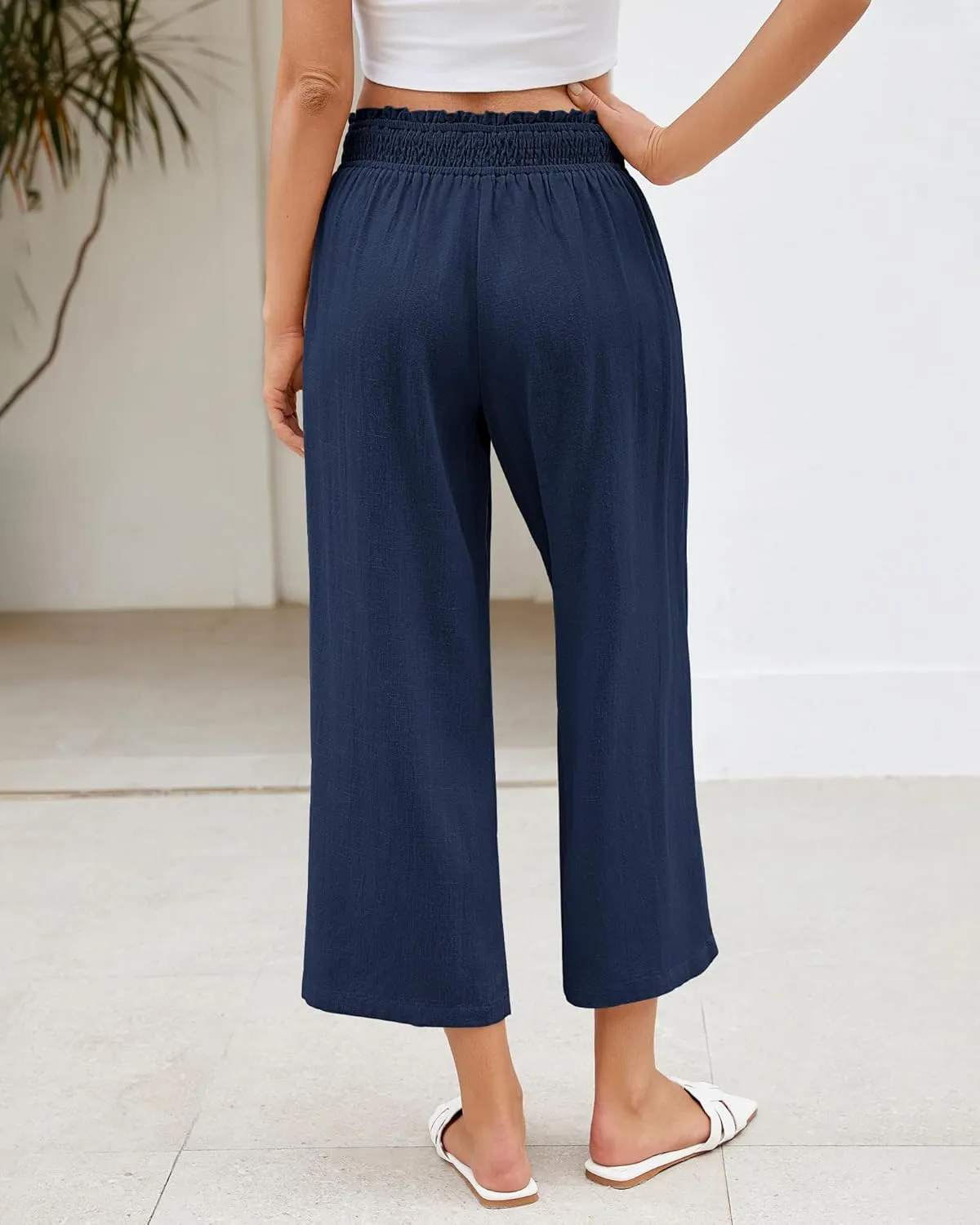 LookbookStore Linen Pants Women Capri Wide Leg High Wasited Pull On Elasitc Waist Summer Beach Palazzo Capris Pants