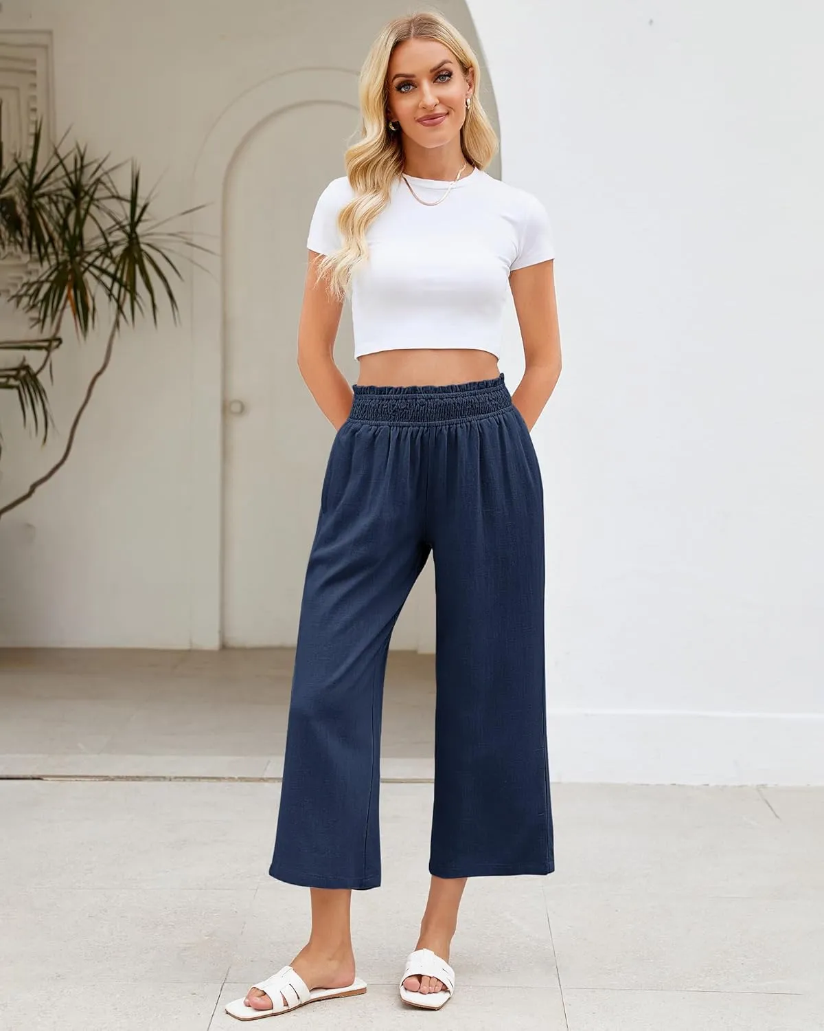 LookbookStore Linen Pants Women Capri Wide Leg High Wasited Pull On Elasitc Waist Summer Beach Palazzo Capris Pants
