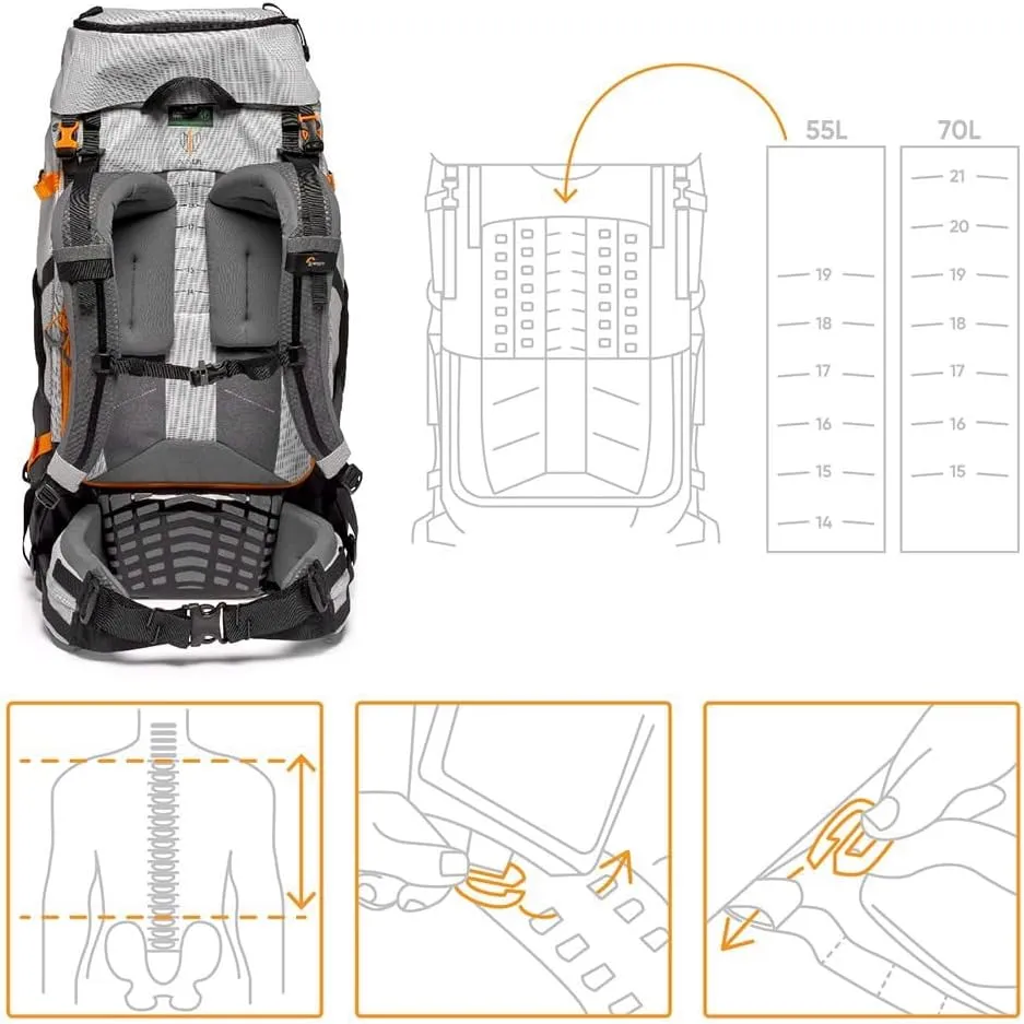 Lowepro PhotoSport PRO BP 55L, Backpack for Reflex and Mirrorless Cameras, Front and Rear Access, Removable Camera Insert, Accessory Straps, Size: M/L, Colour Dark/Light Gray