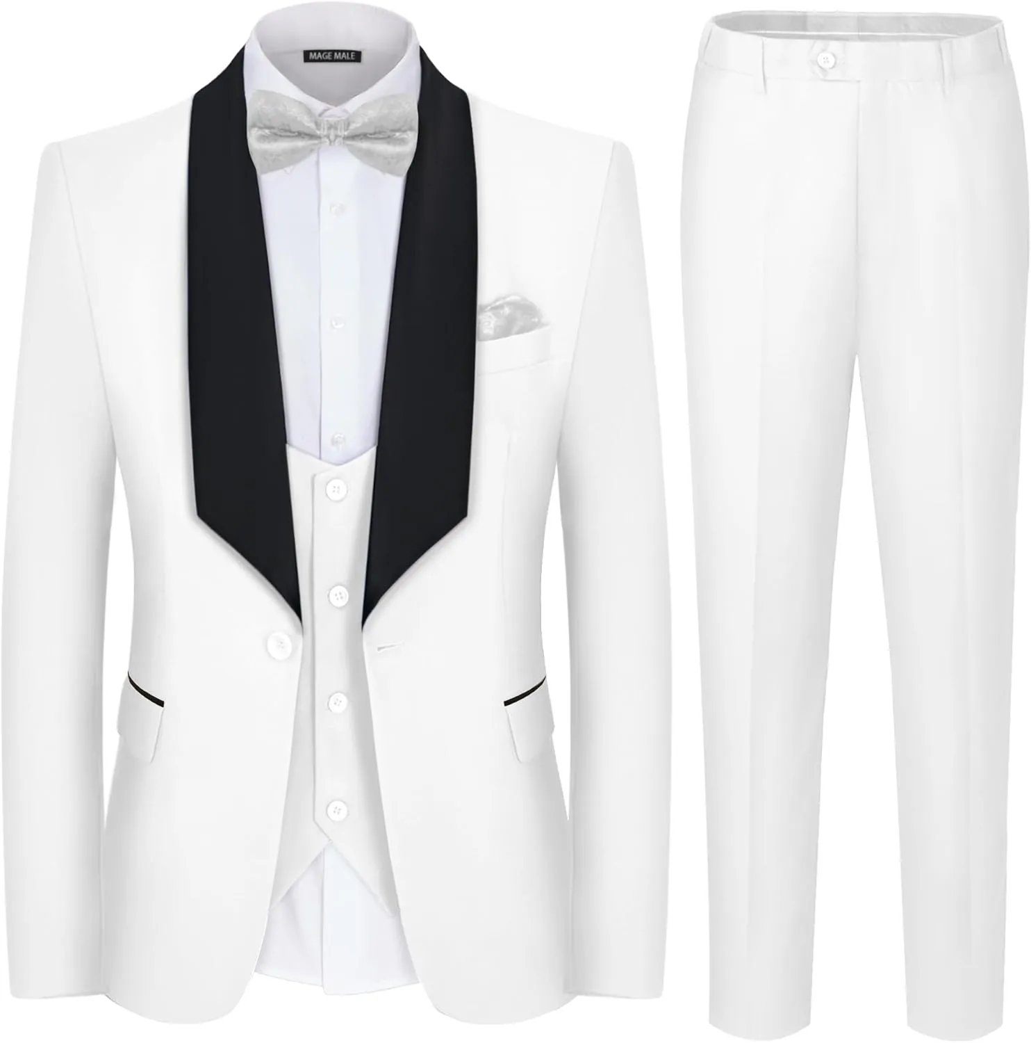 MAGE MALE Men's 3 Piece Suit Shawl Collar Slim Fit Elegant Tuxedo Solid One Button Wedding Party Blazer Vest Pants Set