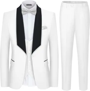 MAGE MALE Men's 3 Piece Suit Shawl Collar Slim Fit Elegant Tuxedo Solid One Button Wedding Party Blazer Vest Pants Set