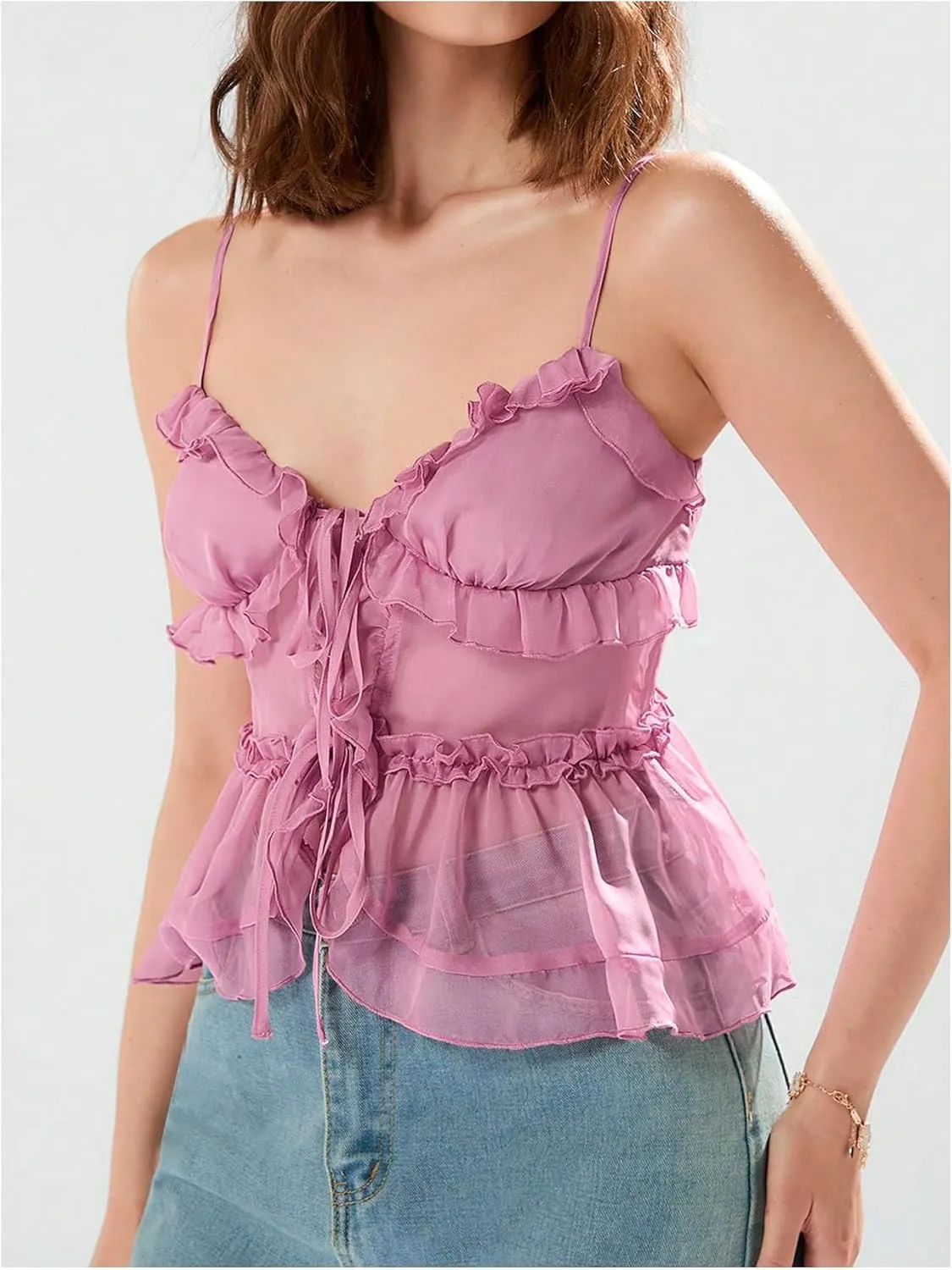MakeMeChic Women's V Neck Mesh Cami Top Bow Tie Front Spaghetti Strap Frill Trim Ruffle Hem Camisole Tops