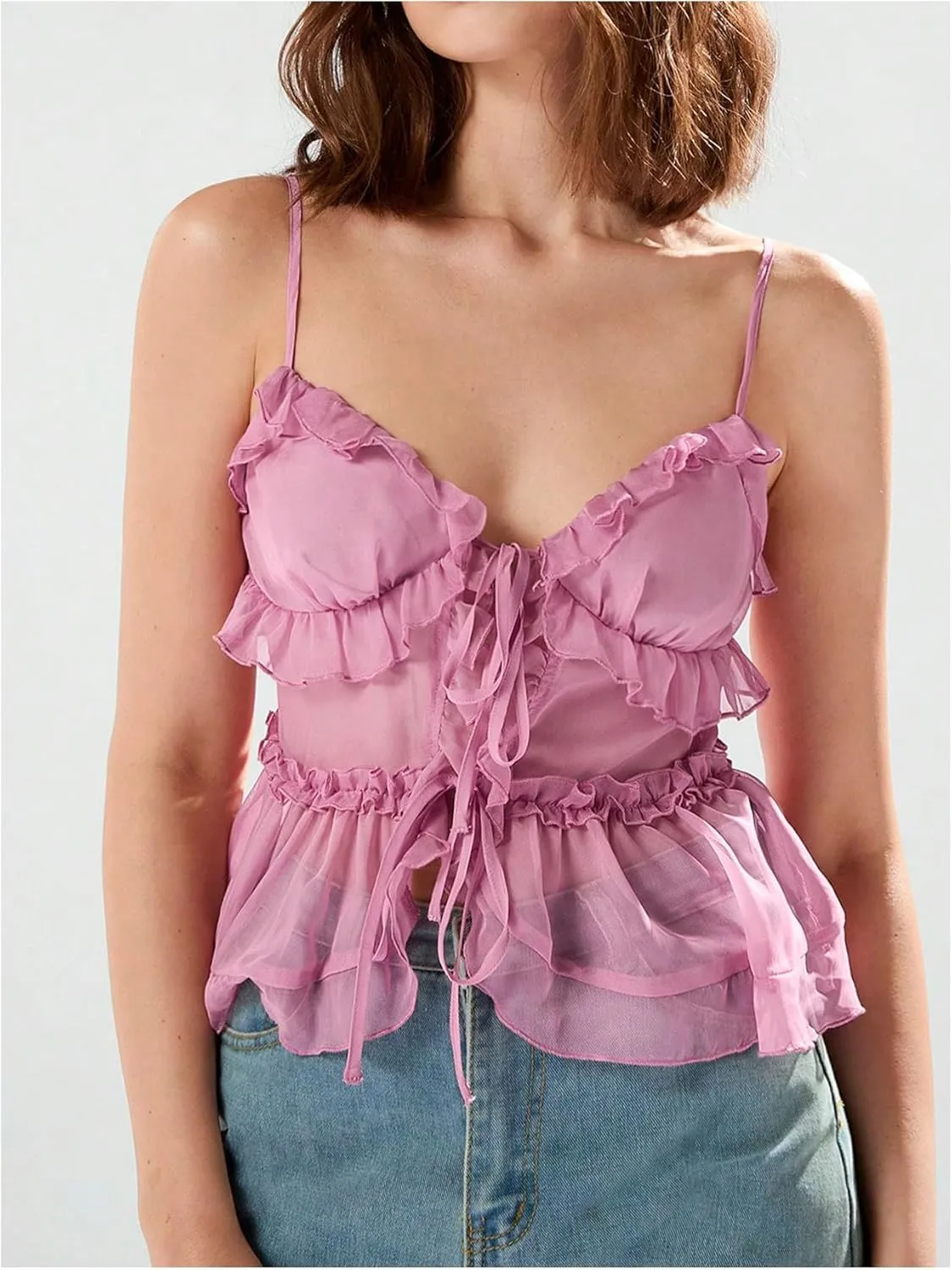 MakeMeChic Women's V Neck Mesh Cami Top Bow Tie Front Spaghetti Strap Frill Trim Ruffle Hem Camisole Tops