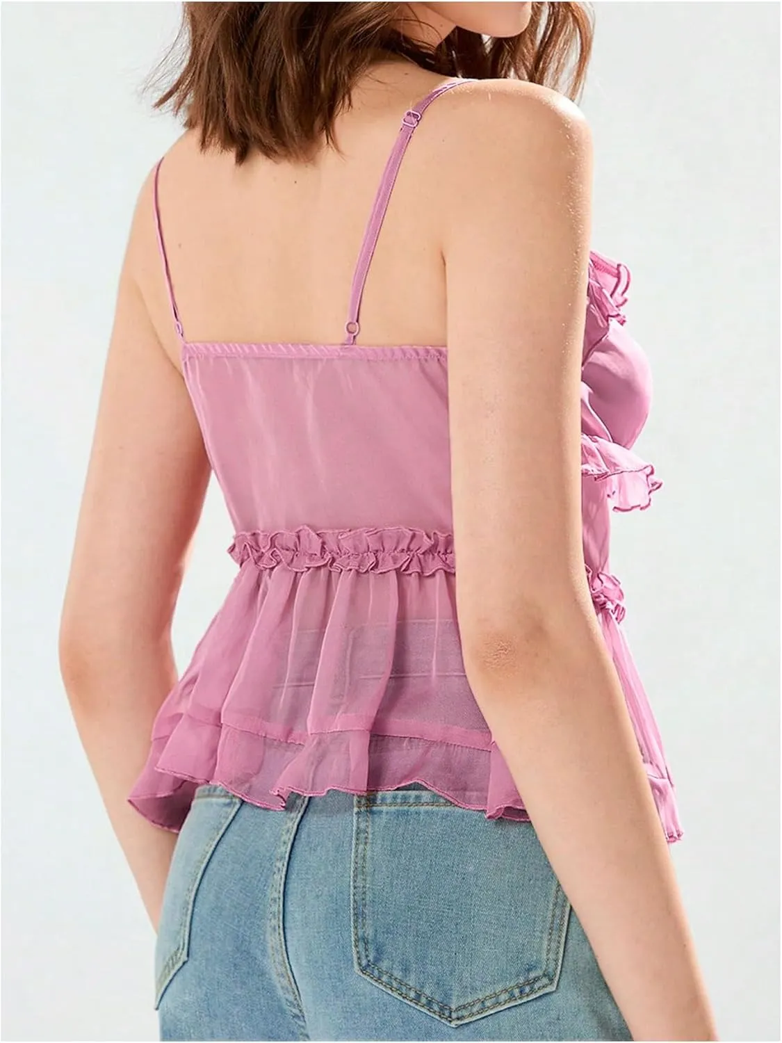 MakeMeChic Women's V Neck Mesh Cami Top Bow Tie Front Spaghetti Strap Frill Trim Ruffle Hem Camisole Tops