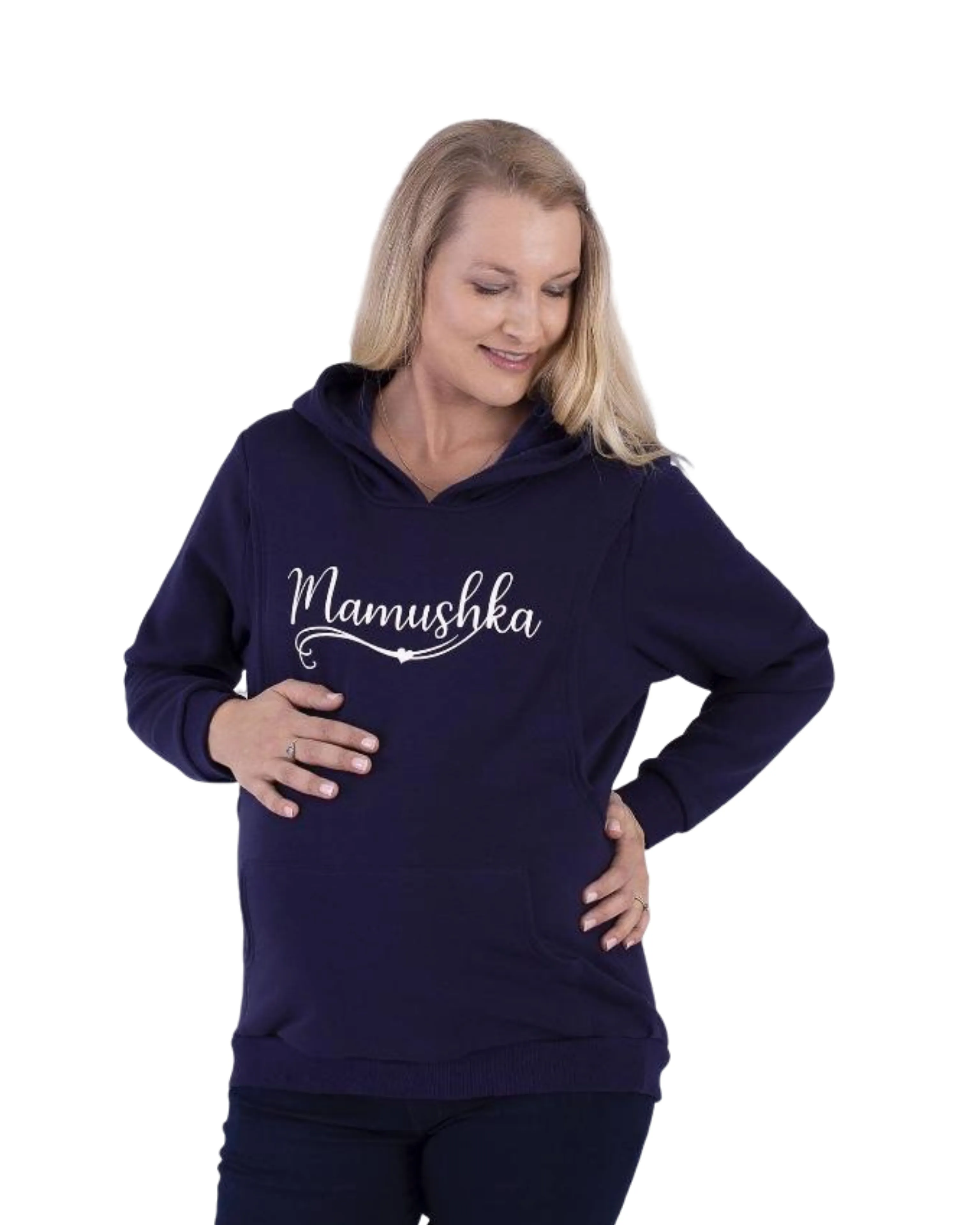 Mamushka Fleece Lined Maternity & Nursing Hoodie - Navy / White Print