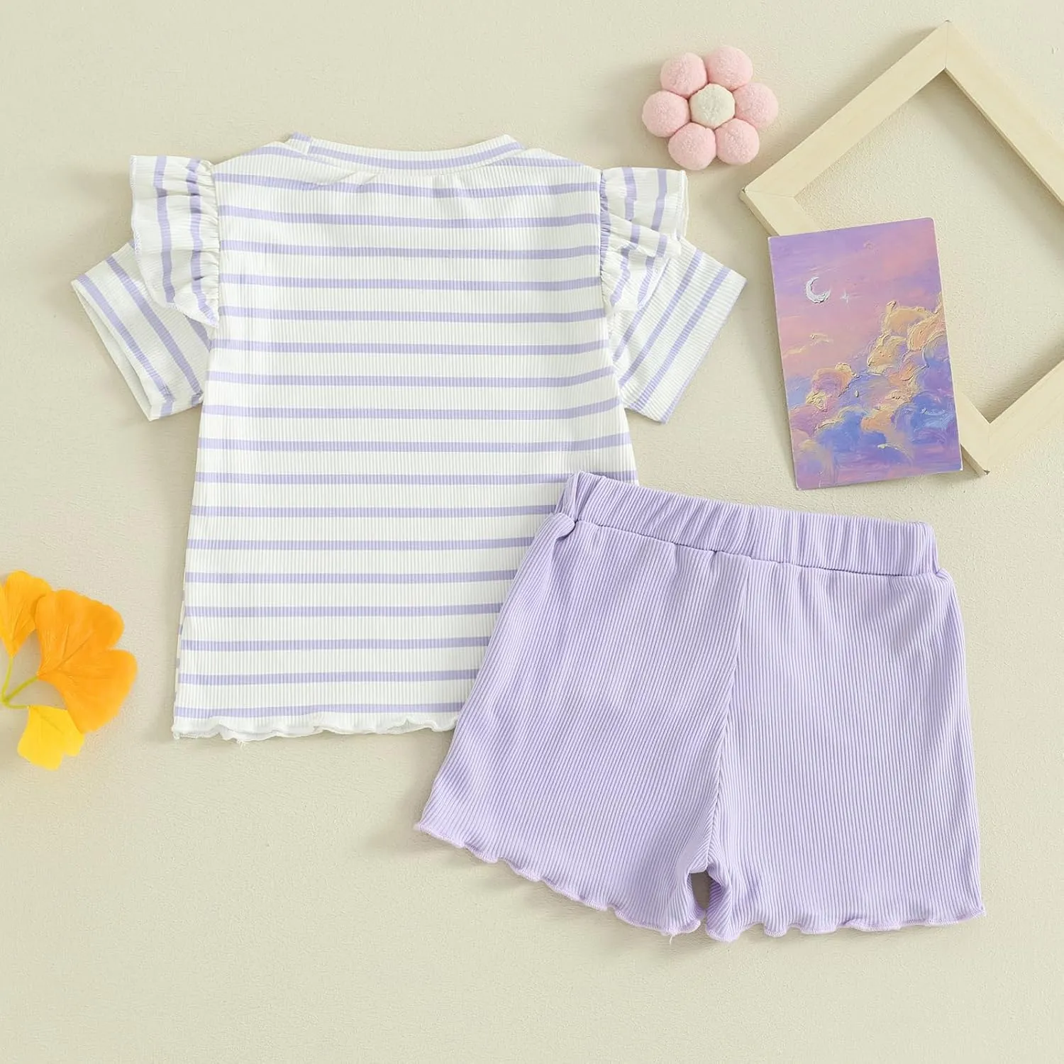 Mandizy Toddler Baby Girl Clothes Summer Ribbed Knit Ruffle Short Sleeve Striped Print T-Shirt Tops Shorts Set Outfit