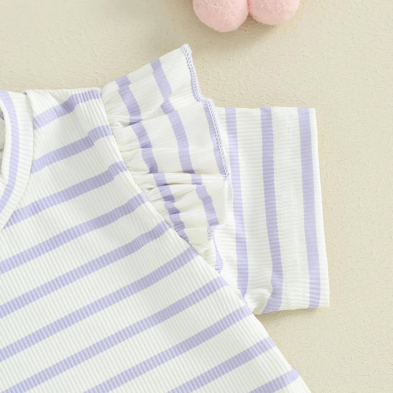 Mandizy Toddler Baby Girl Clothes Summer Ribbed Knit Ruffle Short Sleeve Striped Print T-Shirt Tops Shorts Set Outfit