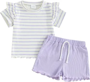 Mandizy Toddler Baby Girl Clothes Summer Ribbed Knit Ruffle Short Sleeve Striped Print T-Shirt Tops Shorts Set Outfit