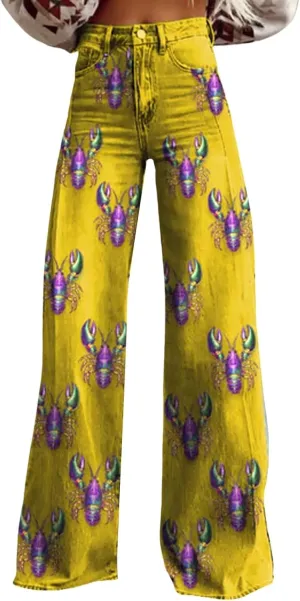 Mardi Gras Pants for Women Flare Jeans Wide Leg Baggy Pants Saint Patrick Denim Trouser Raw Hem Denim Pants