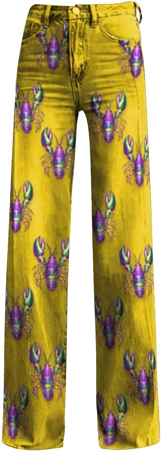 Mardi Gras Pants for Women Flare Jeans Wide Leg Baggy Pants Saint Patrick Denim Trouser Raw Hem Denim Pants
