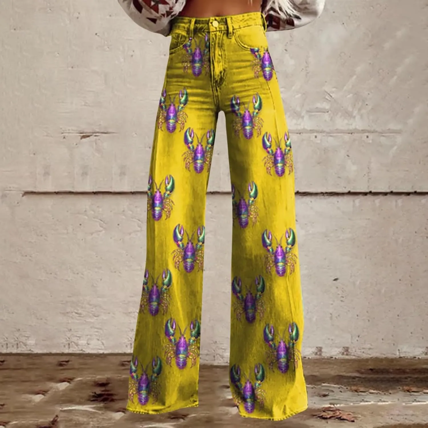 Mardi Gras Pants for Women Flare Jeans Wide Leg Baggy Pants Saint Patrick Denim Trouser Raw Hem Denim Pants