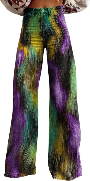 Mardi Gras Pants for Women Flare Jeans Wide Leg Baggy Pants Saint Patrick Denim Trouser Raw Hem Denim Pants