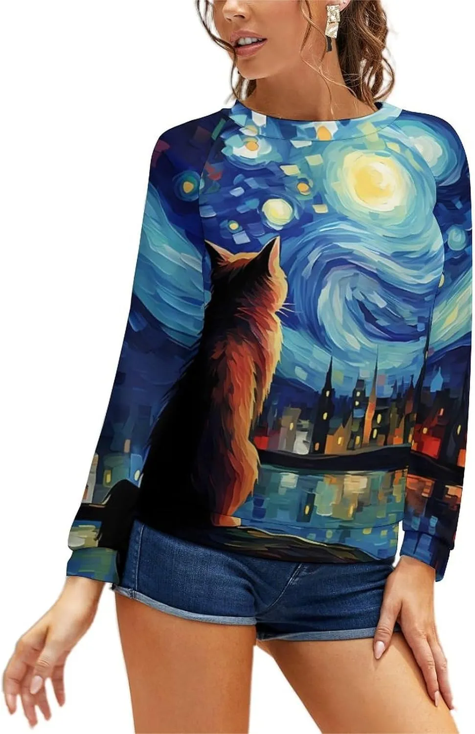 MARSVOVO Cat Sweatshirt for Women Casual Crew Neck Long Sleeve Pullover Tops Country Oil Painting Print Spring Sweatshirt