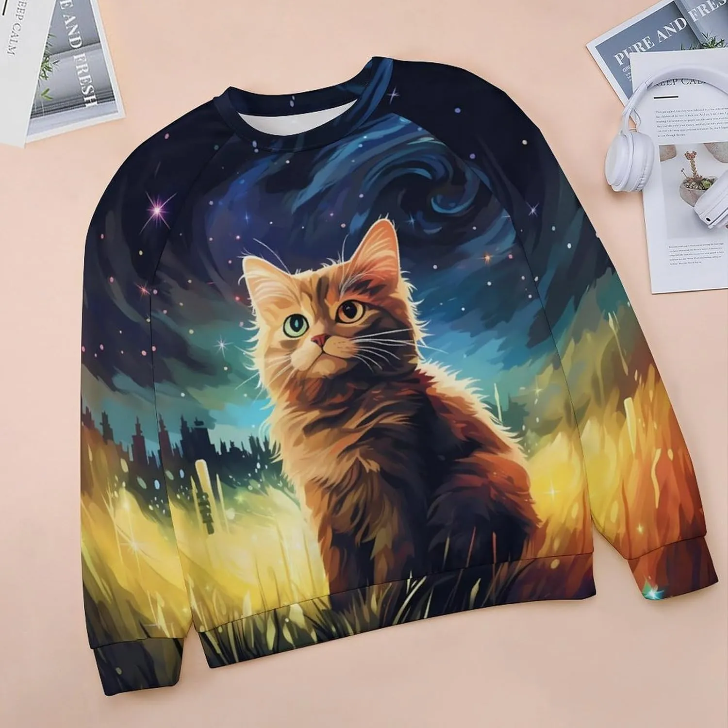 MARSVOVO Cat Sweatshirt for Women Casual Crew Neck Long Sleeve Pullover Tops Country Oil Painting Print Spring Sweatshirt