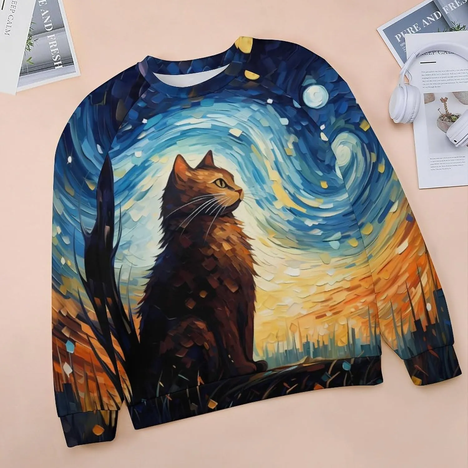 MARSVOVO Cat Sweatshirt for Women Casual Crew Neck Long Sleeve Pullover Tops Country Oil Painting Print Spring Sweatshirt