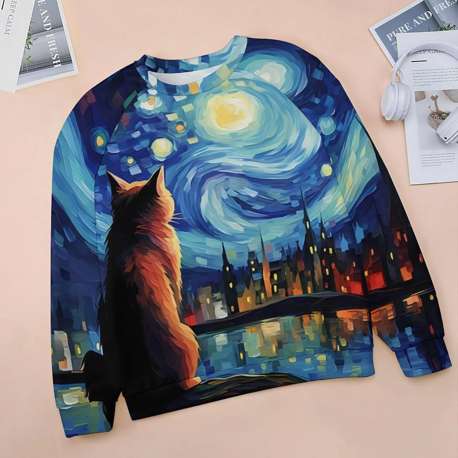 MARSVOVO Cat Sweatshirt for Women Casual Crew Neck Long Sleeve Pullover Tops Country Oil Painting Print Spring Sweatshirt
