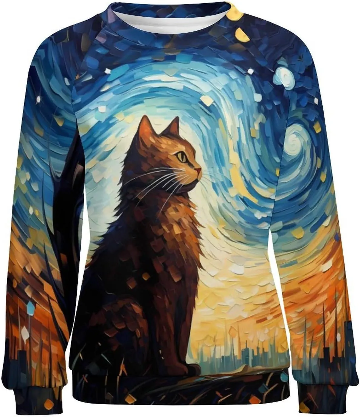 MARSVOVO Cat Sweatshirt for Women Casual Crew Neck Long Sleeve Pullover Tops Country Oil Painting Print Spring Sweatshirt