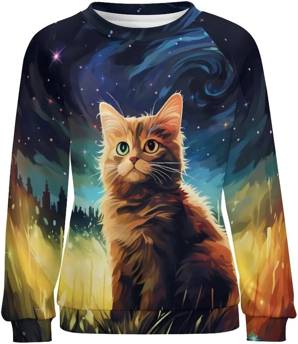 MARSVOVO Cat Sweatshirt for Women Casual Crew Neck Long Sleeve Pullover Tops Country Oil Painting Print Spring Sweatshirt
