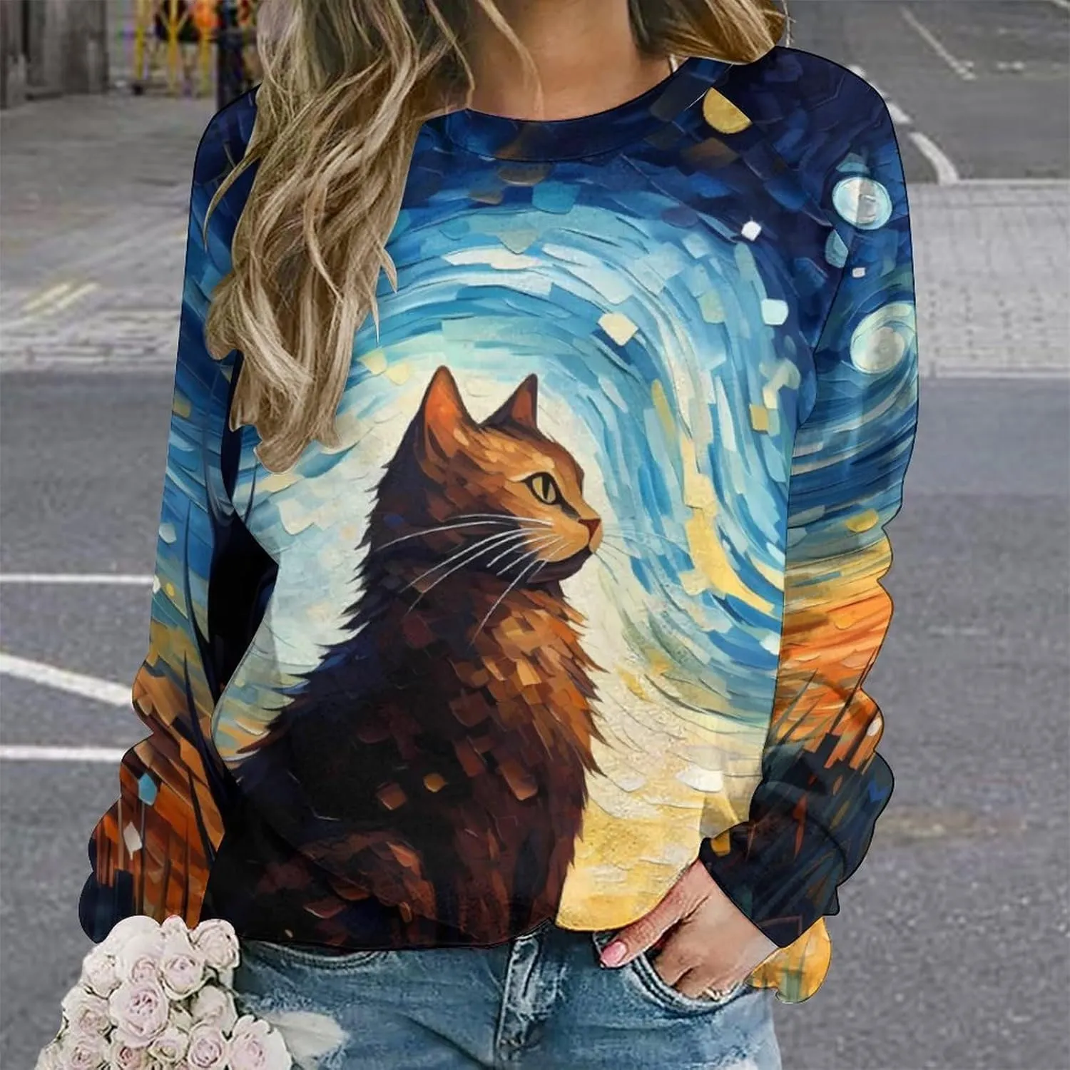 MARSVOVO Cat Sweatshirt for Women Casual Crew Neck Long Sleeve Pullover Tops Country Oil Painting Print Spring Sweatshirt