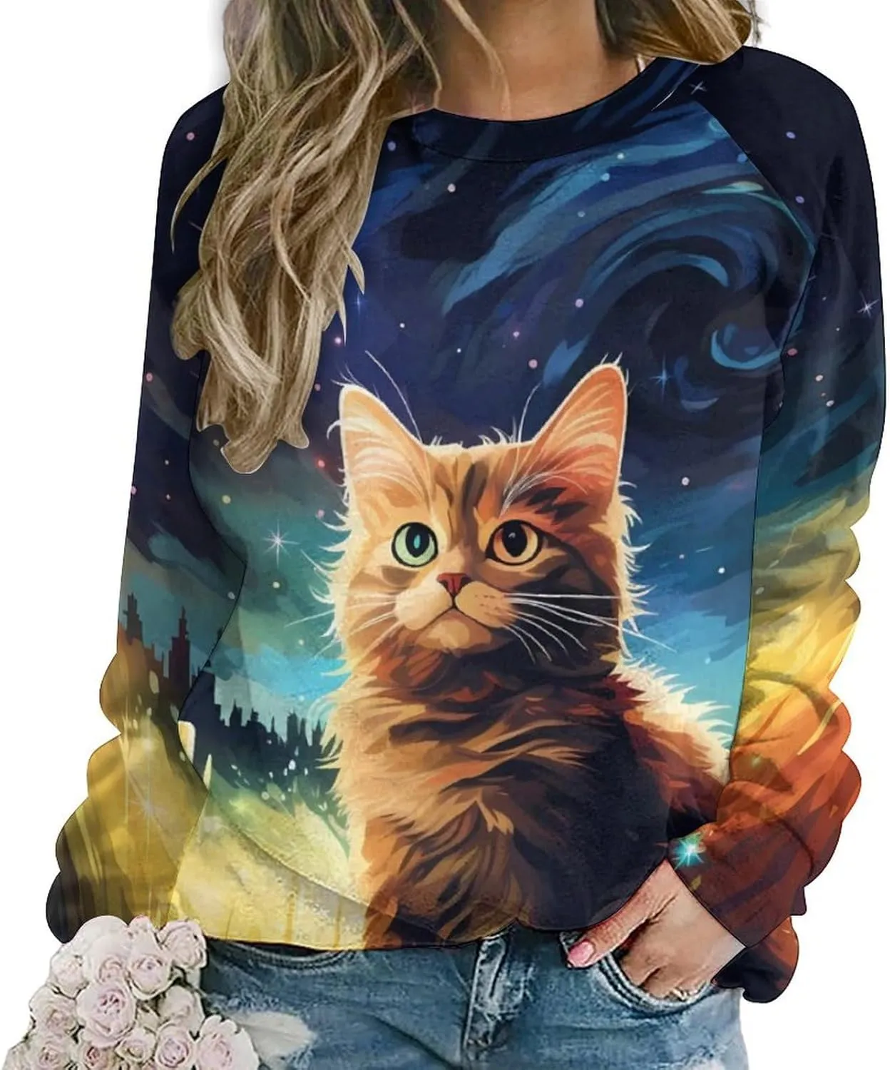 MARSVOVO Cat Sweatshirt for Women Casual Crew Neck Long Sleeve Pullover Tops Country Oil Painting Print Spring Sweatshirt