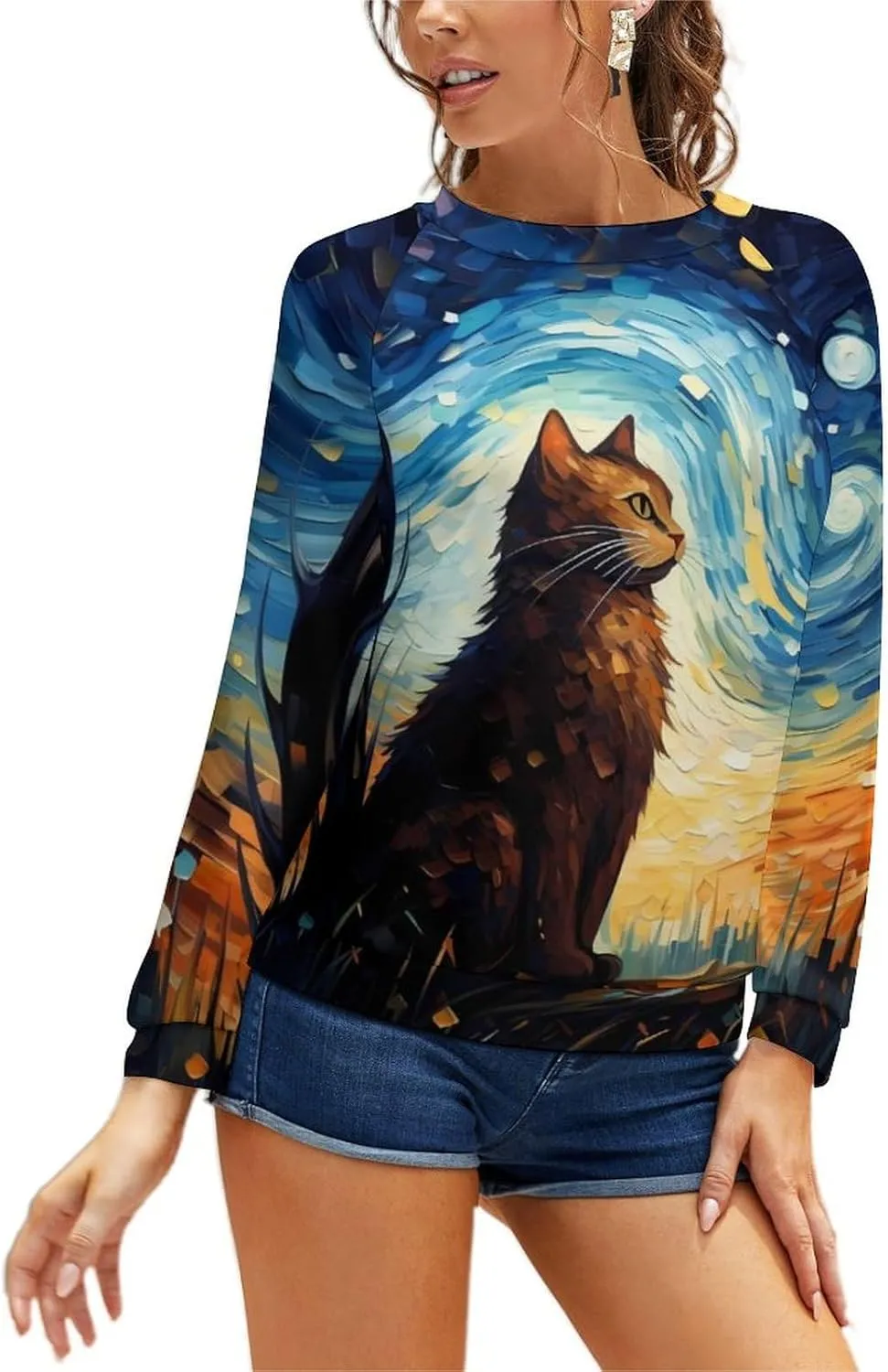 MARSVOVO Cat Sweatshirt for Women Casual Crew Neck Long Sleeve Pullover Tops Country Oil Painting Print Spring Sweatshirt