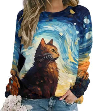 MARSVOVO Cat Sweatshirt for Women Casual Crew Neck Long Sleeve Pullover Tops Country Oil Painting Print Spring Sweatshirt