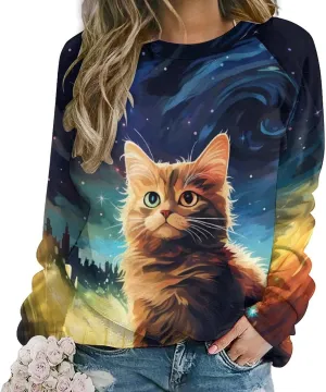 MARSVOVO Cat Sweatshirt for Women Casual Crew Neck Long Sleeve Pullover Tops Country Oil Painting Print Spring Sweatshirt