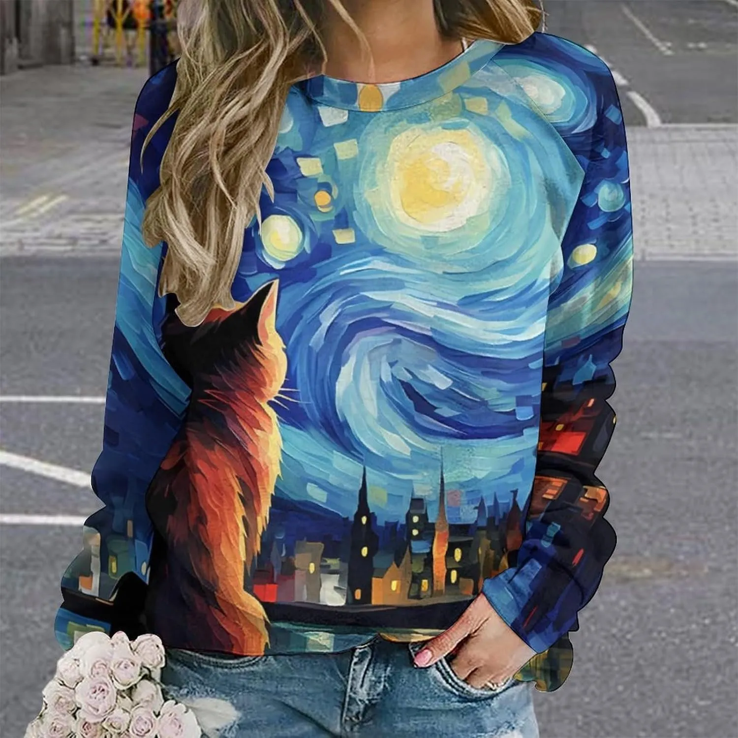 MARSVOVO Cat Sweatshirt for Women Casual Crew Neck Long Sleeve Pullover Tops Country Oil Painting Print Spring Sweatshirt
